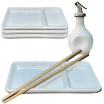 Kit 4 Pessoas Oriental com Prato Divisória para Shoyu Porcelana Branca Resistente