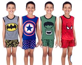 Kit 4 pijamas curtos verão regata super herói super homem homem aranha hulk batman