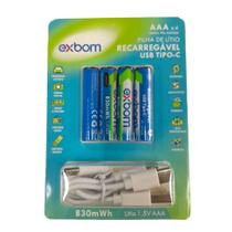 Kit 4 Pilhas AAA Recarregaveis 1.5V Lítio USB Tipo-C - Exbom Kit 4 Pilhas AAA Recarregaveis 1.5V Lítio USB Tipo-C - Exbom