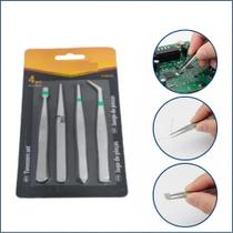 Kit 4 pincas precisao inox ponta fina curva reta bijuteria