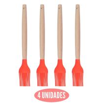 Kit 4 Pincel Culinário Silicone Vermelho Cabo Bambu Cheff