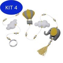 Kit 4 Pingente De Cortina Elefante Balão Cinza Bebê Infantil