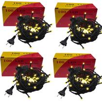 Kit 4 pisca pisca 100 led 3000k 127v fio verde m/f 10mt