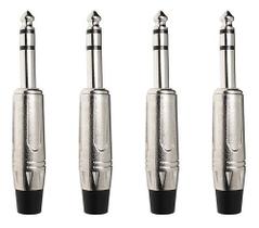 Kit 4 Plug P10 Macho Estéreo Niquelado P/ Áudio Profissional