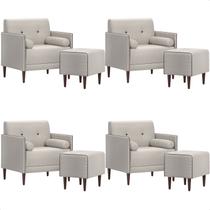 Kit 4 Poltrona com Puff Eloah Linho Gelo 8 Almofada Solta Pés Palito Castanho