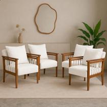 Kit 4 Poltrona Sala Decorativa Ayla Estofada Boucle Branco Base Madeira Castanho Kit 4 Poltrona Sala Decorativa Ayla Estofada Boucle Branco Base Madeira Castanho
