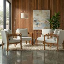 Kit 4 Poltrona Sala Decorativa Dallas Estofada Boucle Cru Base Madeira Castanho