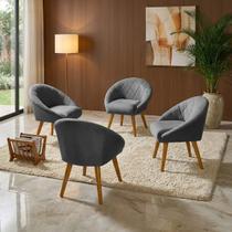 Kit 4 Poltrona Sala Decorativa Louis Veludo Cinza Pés Palito Castanho