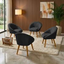 Kit 4 Poltrona Sala Decorativa Louis Veludo Preto Pés Palito Castanho