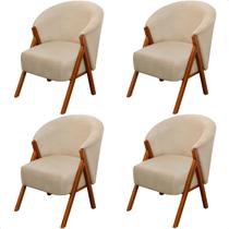 Kit 4 Poltrona Sala Yumi Veludo Gelo Pés Madeira Maciça Castanho