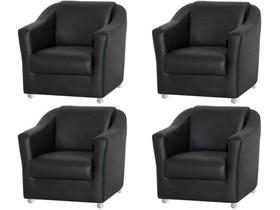 Kit 4 Poltronas Decorativa Biane Couro Preto Pés Cromado Ms Decor