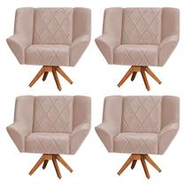 Kit 4 Poltronas Decorativa Dimitri Prime Veludo Rose Base Giratória em Madeira Maciça