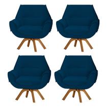 Kit 4 Poltronas Decorativa Havana Prime Veludo Azul Marinho Base Giratória em Madeira Maciça