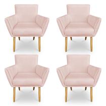 Kit 4 Poltronas Decorativa Leticia Suede Rosa Bebê Pés Palito Castanho - Pallazio