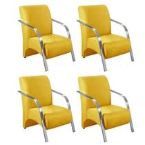 Kit 4 Poltronas Decorativas 1 Lugar Sevilha Braço Pé Alumínio Confortável Sala TV Suede Amarelo