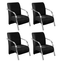 Kit 4 Poltronas Decorativas 1 Lugar Sevilha Braço Pé Alumínio Confortável Sala TV Suede Preto