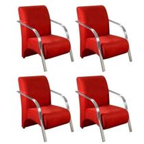Kit 4 Poltronas Decorativas 1 Lugar Sevilha Braço Pé Alumínio Confortável Sala TV Suede Vermelho