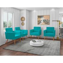 Kit 4 Poltronas Decorativas Escritório Sala Recepção Larah Suede Azul Turquesa
