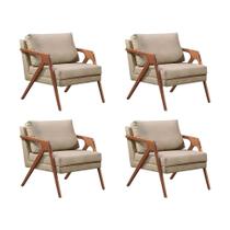 Kit 4 Poltronas Decorativas Mona Premium Base Madeira Maciça Linho Bege