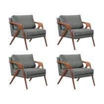Kit 4 Poltronas Decorativas Mona Premium Base Madeira Maciça Linho Cinza