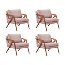 Kit 4 Poltronas Decorativas Mona Premium Base Madeira Maciça Veludo Rose