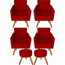 Kit 4 Poltronas Luxo Decorativa Nina E 2 Puff Suede Vermelho