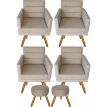 Kit 4 Poltronas Luxo Decorativas Nina E 2 Puffs Suede Bege Kit 4 Poltronas Luxo Decorativas Nina E 2 Puffs Suede Bege