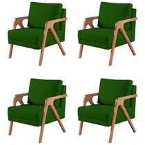 Kit 4 Poltronas Mona Madeira Maciça Suede Verde Kimi Design