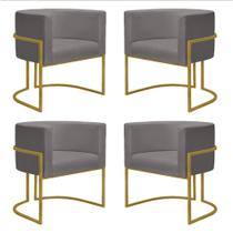 Kit 4 Poltronas Reforçadas Decorativa Sala Nayara Base Ferro Dourada Suede