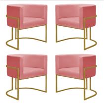 Kit 4 Poltronas Reforçadas Decorativa Sala Nayara Base Ferro Dourado Suede Rose