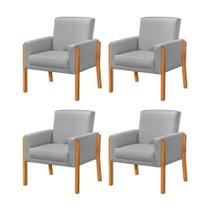 Kit 4 Poltronas Sala de Espera Pés em Madeira Santorini Linho Cinza Kit 4 Poltronas Sala de Espera Pés em Madeira Santorini Linho Cinza