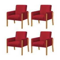 Kit 4 Poltronas Sala de Espera Pés em Madeira Santorini Veludo Vermelho Kit 4 Poltronas Sala de Espera Pés em Madeira Santorini Veludo Vermelho