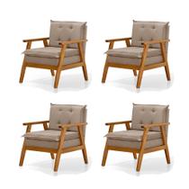 Kit 4 Poltronas Sala de Estar Base em Madeira Maciça Linho Bege Veneza