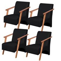 Kit 4 Poltronas Venus 1 Lugar Braço Madeira Maciça material sintético Unidecor Preto