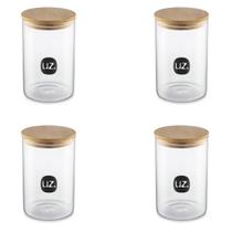 Kit 4 Porta Alimentos em Vidro 950Ml Com Tampa em Bambu 16CM Kit 4 Porta Alimentos em Vidro 950Ml Com Tampa em Bambu 16CM