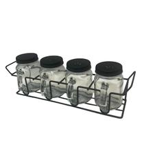 Kit 4 Porta Condimento de Vidro com Alça e Suporte Aramado Preto