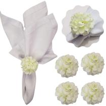 Kit 4 Porta Guardanapo Mimosa Flor Crisântemo Artesanal em Tecido para Mesa Branco Maison Charlo