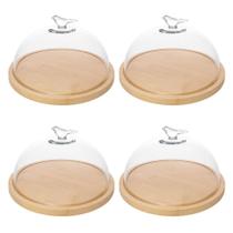 Kit 4 Porta Queijos de Bambu com Cúpula Vidro Queijeira Bird Tábua Frios Wolff