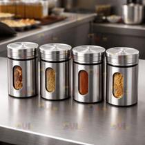 Kit 4 Porta Saleiro Tempero Pimenteiro Inox com VIDRO INTERNO 100ml Sal Temperos Kit 4 Porta Saleiro Tempero Pimenteiro Inox com VIDRO INTERNO 100ml Sal Temperos