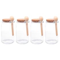 Kit 4 Porta Temperos Redondo 650 Ml Vidro Com Colher De Bambu E Tampa Rolha Lyor