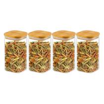 Kit 4 Pote De Vidro C/ Tampa De Bambu Quadrado Hermético 1350ml Para Mantimentos Design Sofisticado