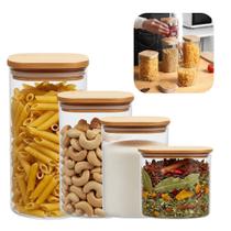 Kit 4 Pote de Vidro com Tampa de Bambu Hermético Porta Mantimentos Organizador Quadrado Em Casa Tem