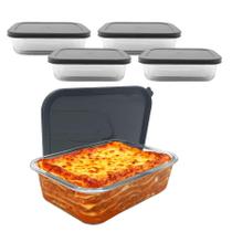 Kit 4 Pote De Vidro Com Tampa Hermética Retangular Forno Microondas 2600ml
