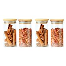 Kit 4 Pote De Vidro Hermético C/ Tampa Bambu 300ml Redondo Tempero Condimento Cozinha Decorativo