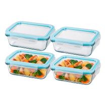 Kit 4 Pote de Vidro Marmita Hermético Retangular com Tampa Azul Vedação 400ml Em Casa Tem