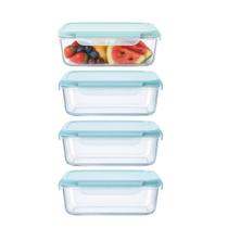Kit 4 Pote de Vidro Marmita Hermético Retangular com Tampa Azul Vedação 640ml Em Casa Tem Kit 4 Pote de Vidro Marmita Hermético Retangular com Tampa Azul Vedação 640ml Em Casa Tem