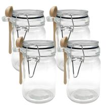Kit 4 Pote Hermético De Vidro Com Trava e Colher de Bambu Redondo 280ml