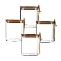 Kit 4 Pote Hermético Mantimento Armazenamento De Vidro Com Tampa e Colher de Bambu 500mL