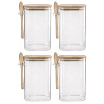 Kit 4 Pote Hermético Vidro Tampa De Bambu Com Colher 1500Ml