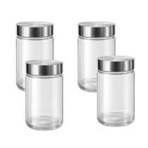 Kit 4 Pote Organizador Alimentos Vidro Tampa Inox 1250ml Biscoito Utensílio Porta Multiuso Mantimento